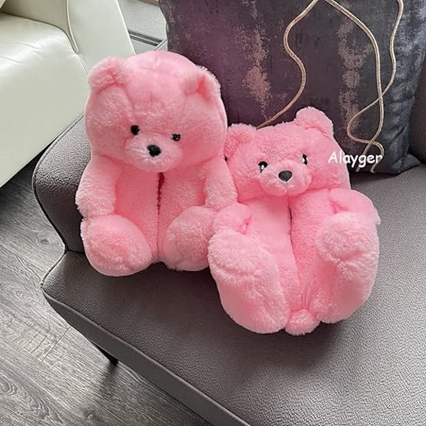 Plushbjörnstofflor för kvinnor, mjuka inomhustofflor med halkfritt grepp, söta