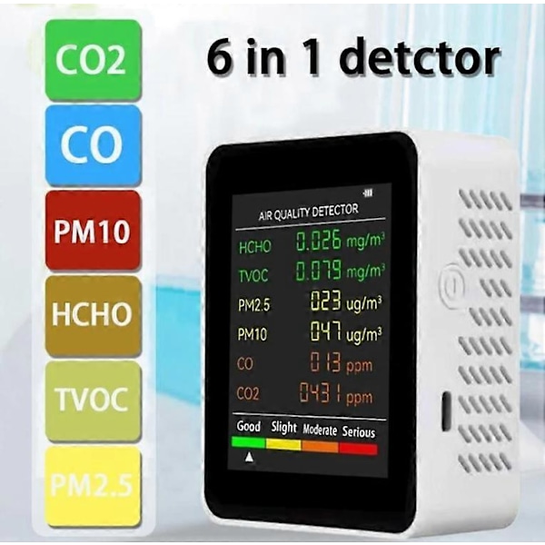 6 i 1 Luftkvalitetsmåler med Formaldehydsensor Forurensningsdetektor HCHO TVOC Sensor PM2.5/PM10 Luftkvalitetsmåler Co2 Pm2.5 Innendørs Luftkvalitetstester