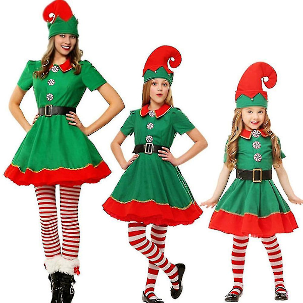Jul Tomte Kostym Grön Älv Cosplay Familj Karneval Party Nyår Maskerad Kläder Set För Män Kvinnor Flickor Pojkar Höjd 80CM Flickor