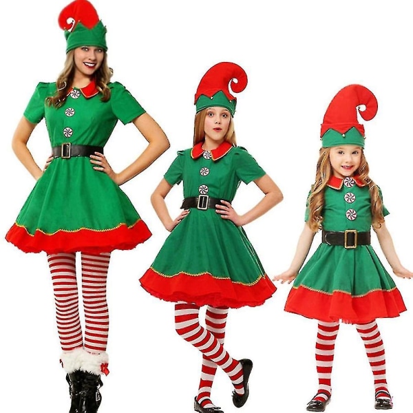 Jul Tomte Kostym Grön Älv Cosplay Familj Karneval Party Nyår Maskerad Kläder Set För Män Kvinnor Flickor Pojkar Höjd 80CMPojkar