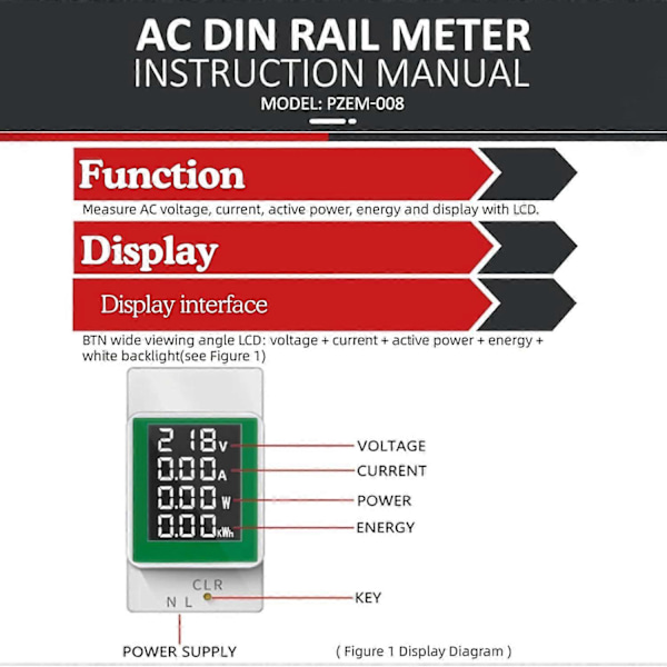 Elmätare, PZEM-008 Amperemeter AC50-300V/100A Digital Display Spänningstestare Wattmätare med Bakgrundsbelysning