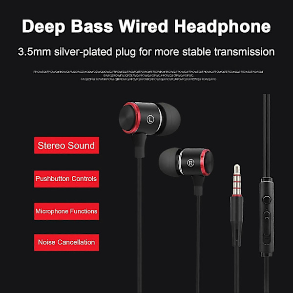 Kablet hodetelefon med støyreduksjon, in-ear, 3,5 mm plugg, stabil overføring, kablet headset med mikrofon, bass, dobbel driver for sport og spill