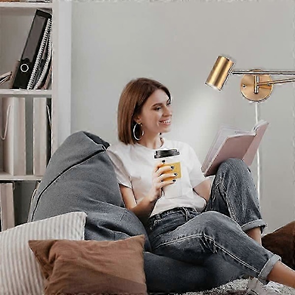 LED Vegglampe med Justerbar Arm og Kabel med Plugg og Bryter Leselys E27 for Stue, Soverom, Nattbord Gull