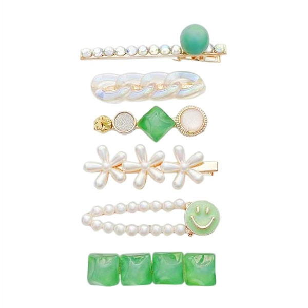 Seks grønne perler og smilende rhinestone-hårnåler, håndlaget h