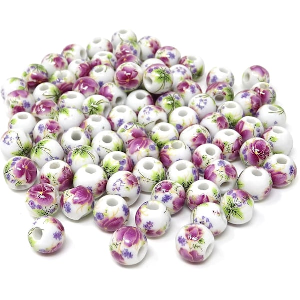 100 stk. 10 mm keramiske perler, håndlagde porselensblomster, runde perler, avstandsperler med 1 stk. snorpose for smykkelaging og DIY-håndverk