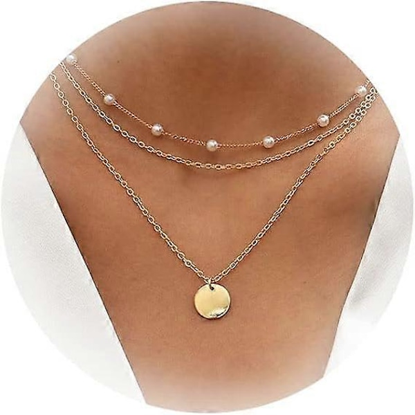 Lagdelt Halskjede for Kvinner Disk Charm Halskjede Flerlags Perler