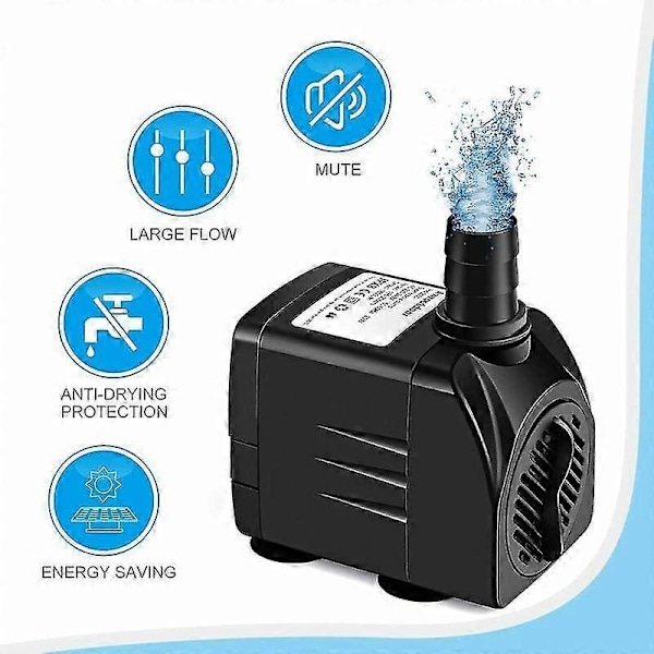 Upotettava vesipumppu, 65W 3000L/H Mini akvaariopumppu, säädettävä suihkulähdepumppu lammikkoon, akvaarioon, 3 suutinta, 3m johto (20-30DB melu)