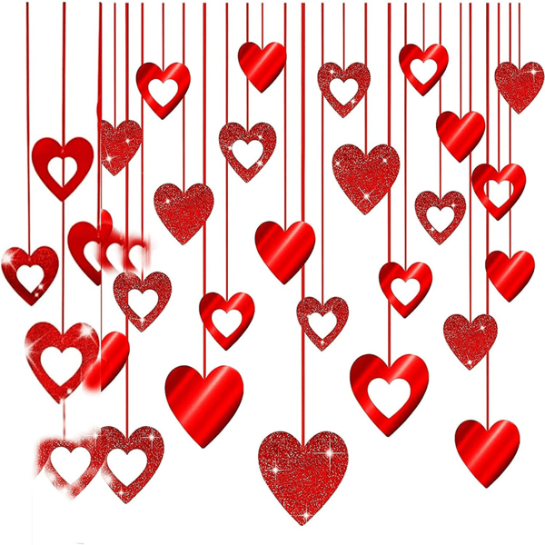 60 stk Røde Hjerte Dekorative Hængende Sæt Valentinsdag Pynt,