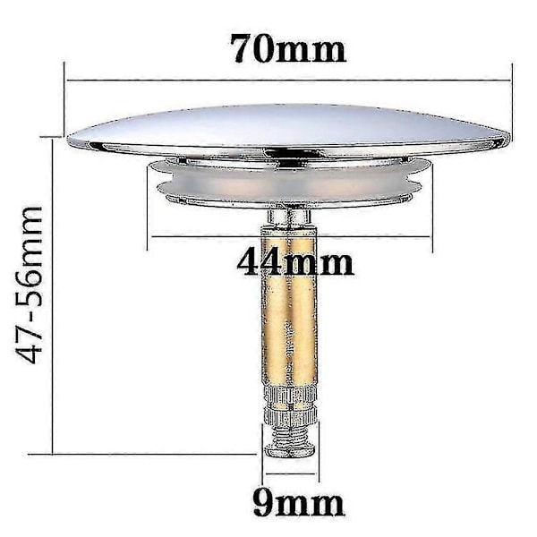Badkarspropp, 70 mm, med dubbel tätning, höjdjusterbar, universal badkarspropp, diskbänksventil, härdad mässing med kromfinish