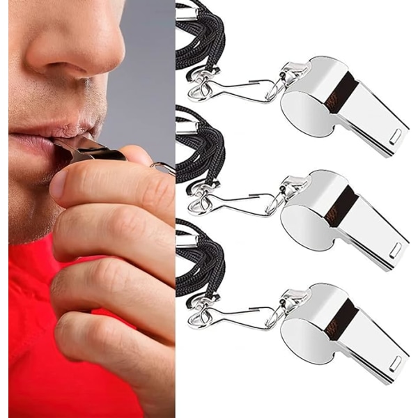 Pack of 3 Stainless Steel Whistles, Sports Whistles with Cord, Ex