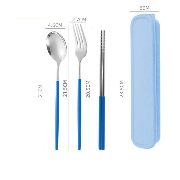 (Blå) sked gaffel Ätpinnar 3 delar campingbestick 18/10 fläck