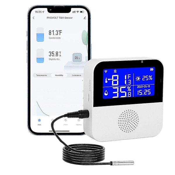 Wifi Hygrometer Termometer Sensor Med Extern Sond, Trådlös Digital Temperatur- och Fuktighetsmätare Realtidssynkronisering, Med Bakgrundsbelyst LCD, Summer