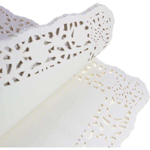 150 stycken vit spets rektangelpapper doilies tårtförpackningsunderlag