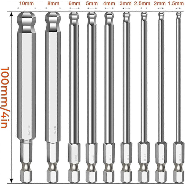 9 stk. Kuglehoved Unbrakonøgle Unbrako Skaft Kuglehoved Unbrakonøgle 1.5/2/2.5/3/4/5/6/8mm/10mm