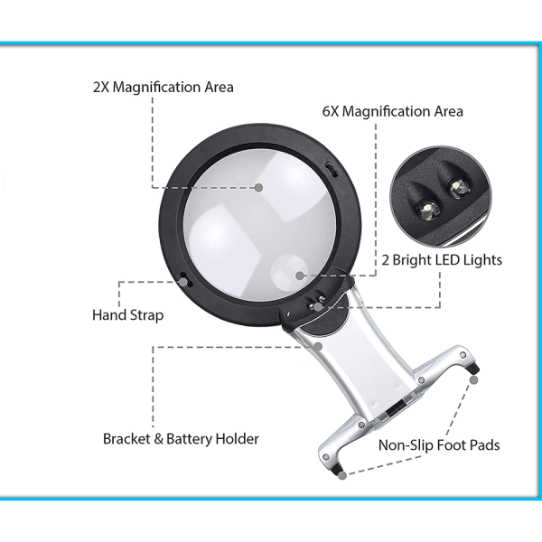 2 in 1 Hands Free Giant lukusuurennuslasi LED-valolla 22,2 x 1