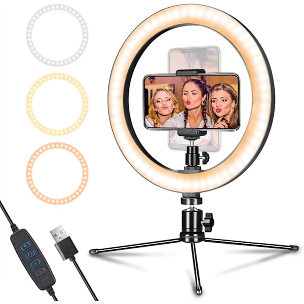 LED Ringlys 10\" med Stativ og Telefonholder for Live Strømming