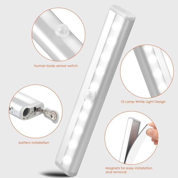 4 st LED-klädskåpslampor med rörelsesensor och magnetisk remsa, 10 LED