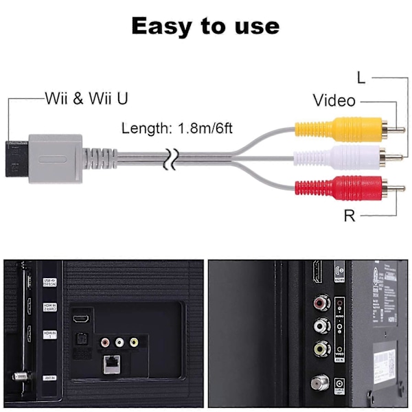 AV-kaapeli Wii Wii U:lle, Audio Video AV -kaapeli Nintendo Wiille ja Wii U:lle, 1,8 m / 6 jalkaa, yhteensopiva television kanssa