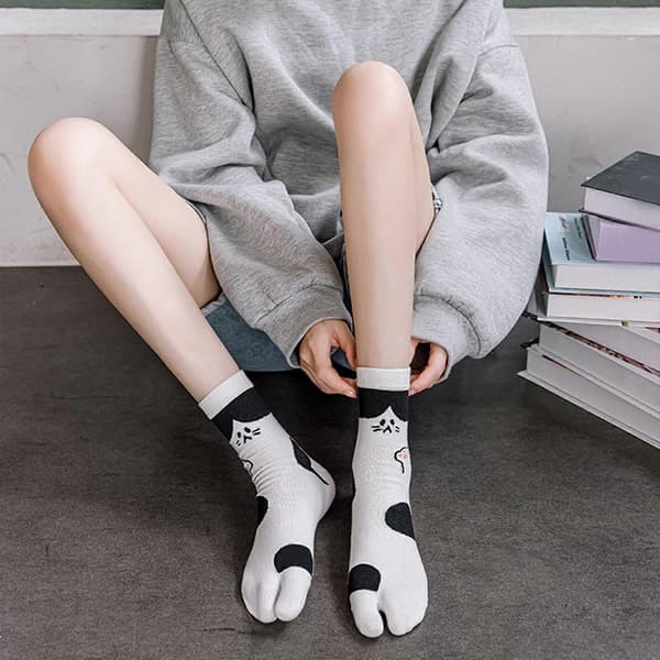 Dame Bomull Split Toe Kimono Tabi Sokker Søte Katteprint Flip Flop Sandal Strømper