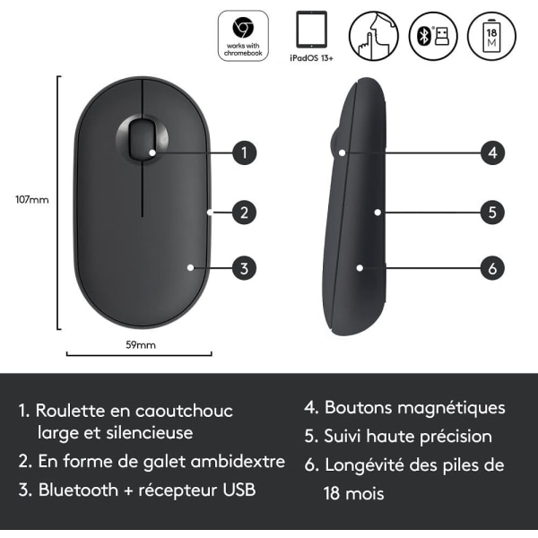 Svart trådløs mus med Bluetooth eller 2,4 GHz-mottaker, lydløs