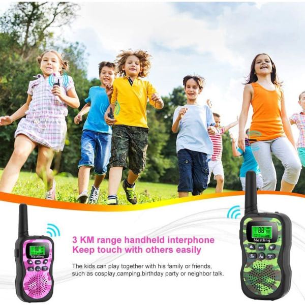 Kaksi sinistä ja pinkkiä lasten walkie-talkia taustavalaistulla LCD-näytöllä