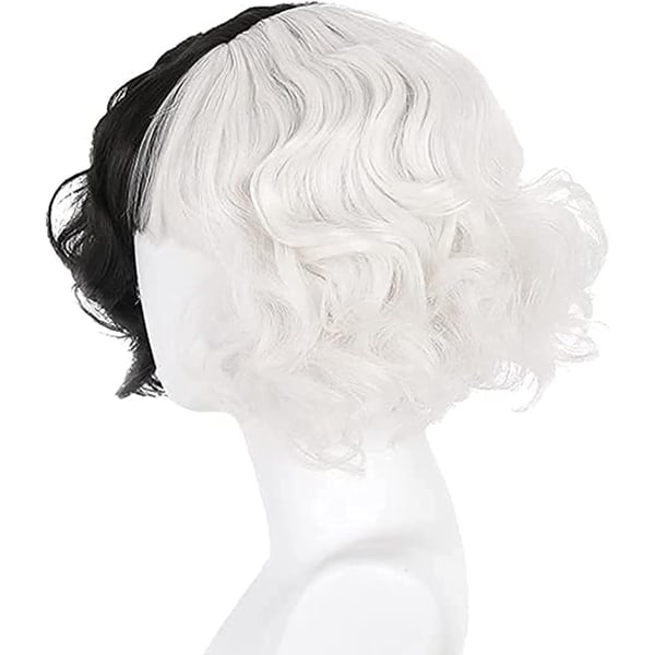#Toupee Halv sort halv hvid paryk, kort krøllet Halloween#