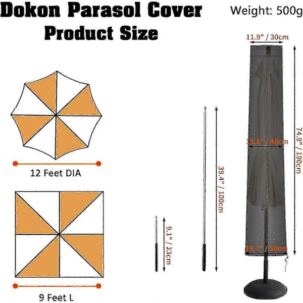 2m til 4m Parasolovertræk, (190x30/40/50cm) - Kraftig Sort 420D Oxford Stof, Vandtæt, Anti-UV Beskyttelsesovertræk til Fritstående Parasol med Luftventil