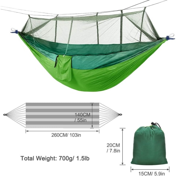Nylonhängmatta för 2 personer med band och karbinhake 260x140cm