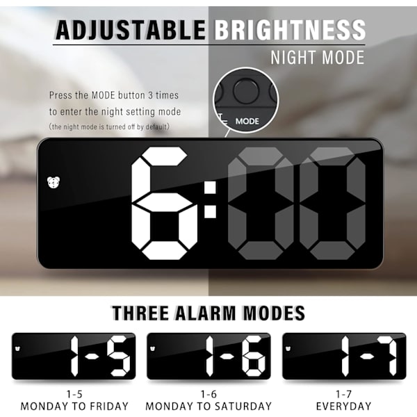 Digital vækkeur, 6,7 tommer LED digitalt ur hovedgavl alarm