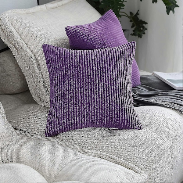 Sett med 2 dekorative putetrekk, ensfarget stripet kordfløyel plysj fløyel putetrekk for sofa seng, lilla, 50x50 cm (20x20 tommer)