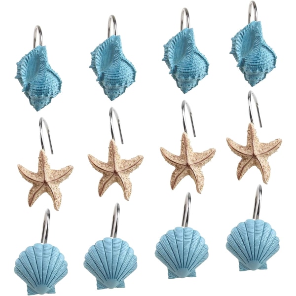 Seashell Bruseforhængskroge, 12 stk. Bruseforhængsringe, Rustfrit