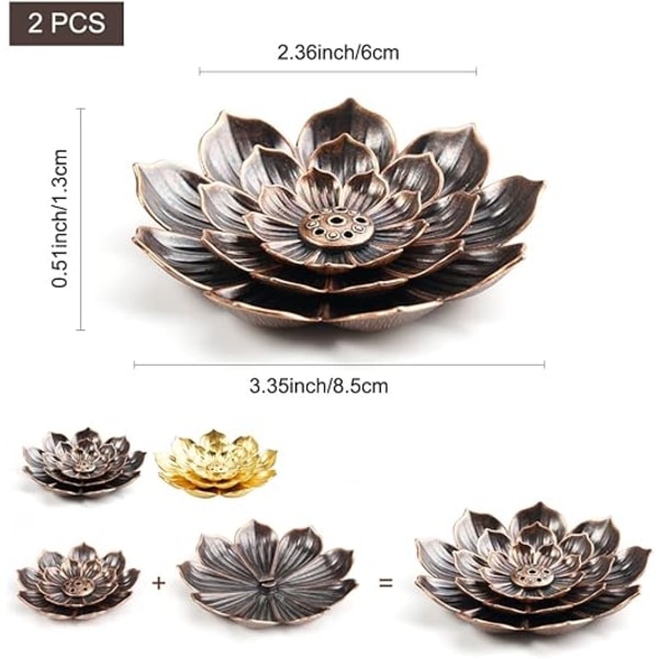 2 delar Lotus rökelsehållare, brons och förgylld brons, bh med 6 hål