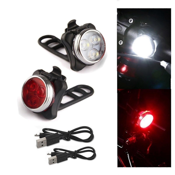 2usb Oppladbart LED Sykkellyktsett Frontlykt Baklykt Varsellys Sykkellys