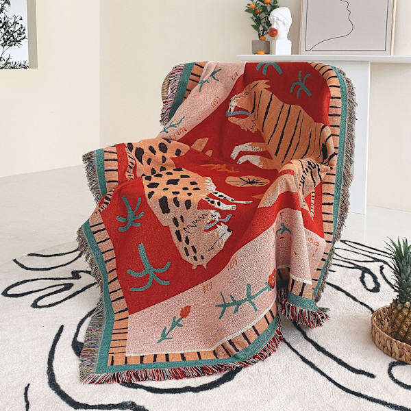 1 Stykke 160x130cm Strikket Dyreplaid Teppe Dekorert med Frynser