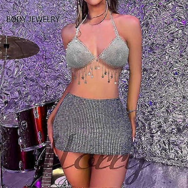 Sexy Rhinestone Kroppskjede BH Krystall Bikini Topp Glitrende BH Kjede Kroppssmykker for Kvinner og Jenter