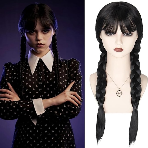 Wednesday Addams Peruk för Barn Kvinnor, Addams Svart Lång Fläta