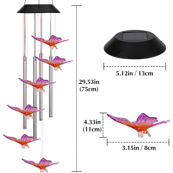 1 kpl Aurinkoenergialla Toimiva Tuulikello, Väriä Vaihtavat LED-Perhoset