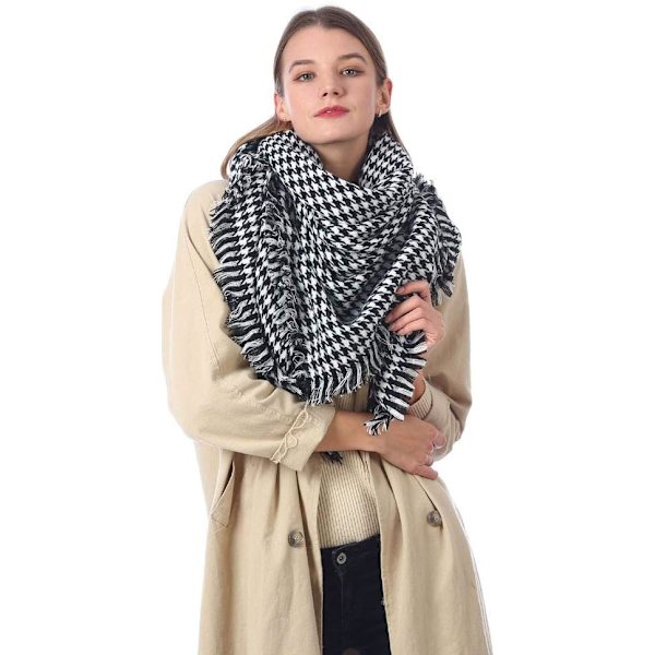 Dam Scarf Svart och Vit Rutmönster Stor Rutig Akryl Ull Lång