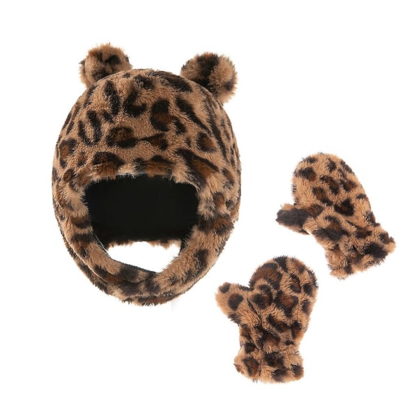 Vinter Varm Baby Leopard Mönster Öronlapp Hatt Handskar Set Söta öron Beanies Cap