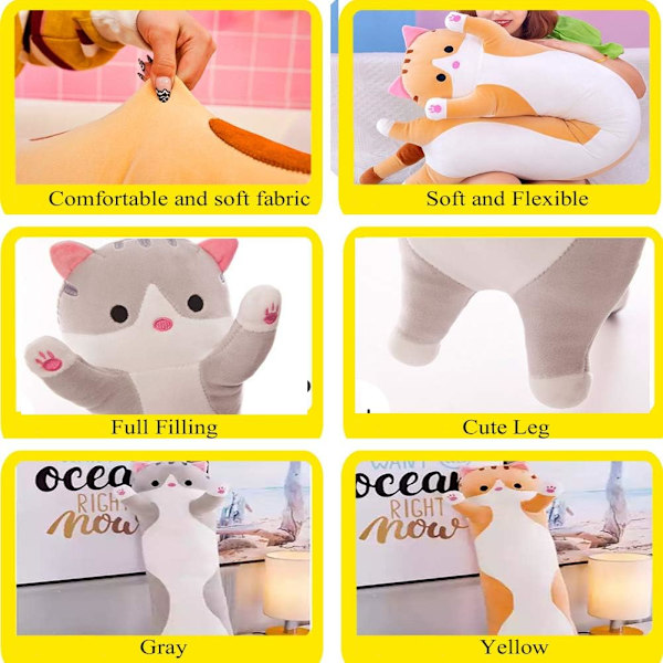 (Grå, 50cm/19.68 tum) Mjuk Kattkudde Plush Lång Sängkudde