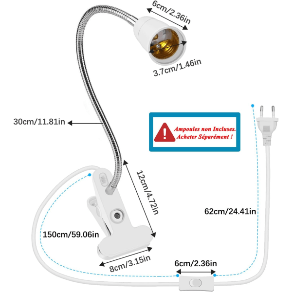 E27 Klips-på Pæreholder med Bryter, LED Bordlampe Base med 360