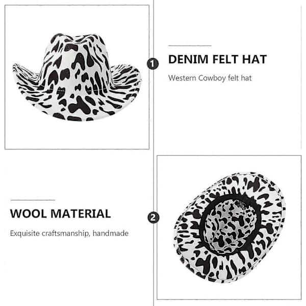 Cowboyhatt med cowboymønster, krøllete hatt, solhatt, feriehatt, feriehodeplagg (svart og hvit) (1 stk)