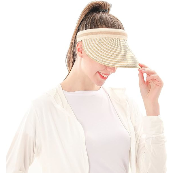 Sommarhatt för kvinnor Bredbrättad beige stråhatt för stranden