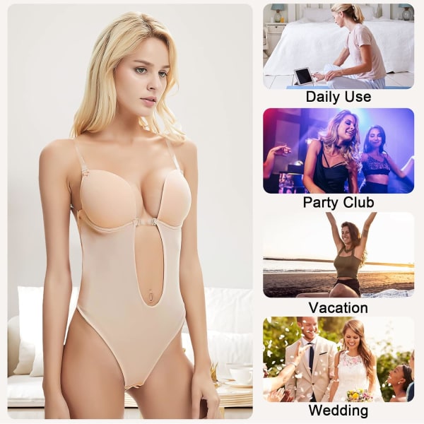 Kvinnors Plunge Rygglös Kroppsshapande BH, Osynlig Rygglös Bröllopsbodysuit, Sömlös Rygglös Push Up BH, Underkläder med Transparent Rem för Bröllopsfestklänning