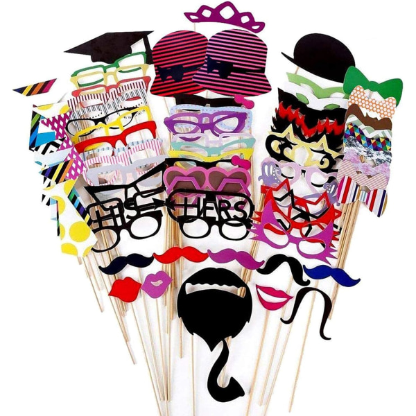 Parti med 76 farverigt tilbehør, briller, overskæg, læber, sløjfe