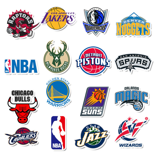 Set med 32 NBA Basketball Association Basketball Stickers. Lakers