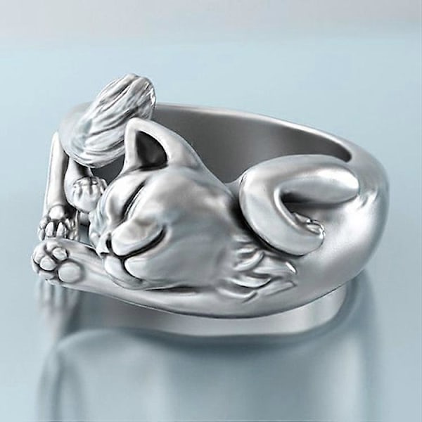 Katt Ring, Sølvbelagt Søt Dyr Justerbar Potefingerring Kattegave