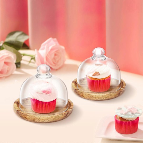 1 Set Trä Dessert Cupcake Bricka med Glaslock Tårtfat Serveringsfat med Kupollock