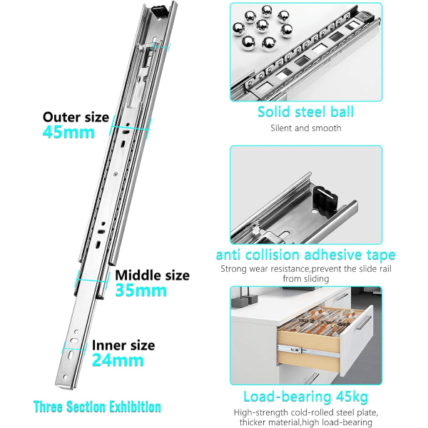 300mm full extension lådglidskenor, tungt utförande med kullager 45kg