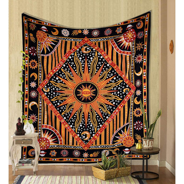 Aurinko Kuu Hippi Mandala Palava Aurinko Psykedeelinen Seinävaate Oranssi